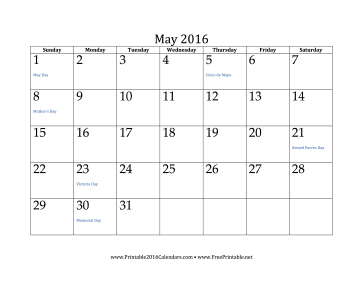 May 2016 Calendar Calendar