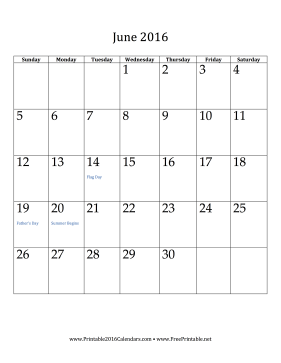 June 2016 Calendar (vertical) Calendar
