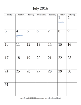 July 2016 Calendar (vertical) Calendar