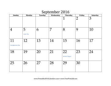 September 2016 Calendar Calendar
