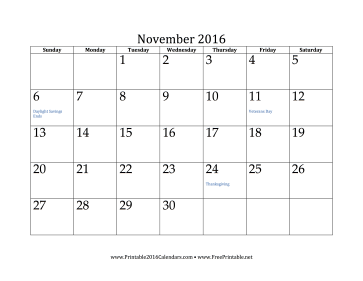November 2016 Calendar Calendar