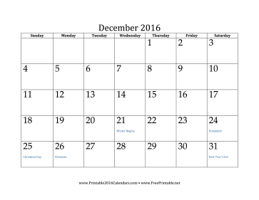 December 2016 Calendar Calendar