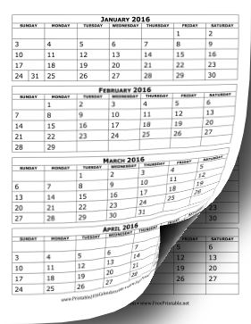 2016 Calendar Four Months Per Page Calendar