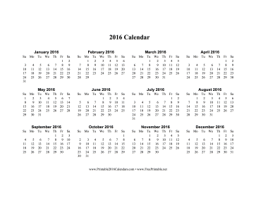 2016 Calendar on one page (horizontal) Calendar