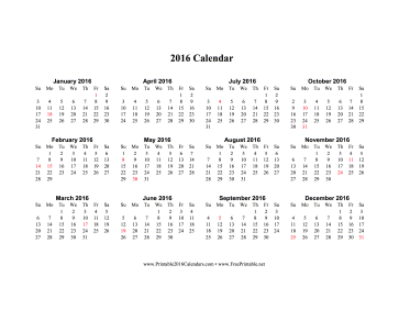 2016 Calendar (horizontal, descending, holidays in red) Calendar