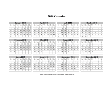 2016 Calendar (horizontal grid, descending) Calendar
