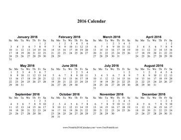 2016 Calendar one page with Large Print Calendar