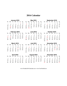 2016 Calendar (vertical, descending, holidays in red) Calendar