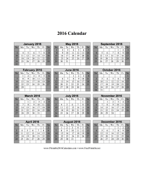 2016 Calendar on one page (vertical, shaded weekends) Calendar