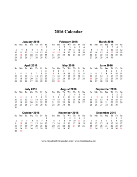 2016 Calendar on one page (vertical, holidays in red) Calendar