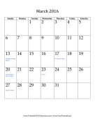 March 2016 Calendar (vertical) calendar