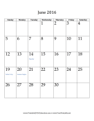 June 2016 Calendar (vertical) calendar