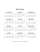 2016 Calendar (vertical, descending, holidays in red) calendar