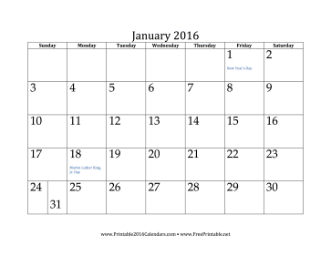 January 2016 Calendar Calendar