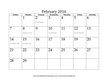 February 2016 Calendar Calendar