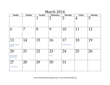 March 2016 Calendar Calendar