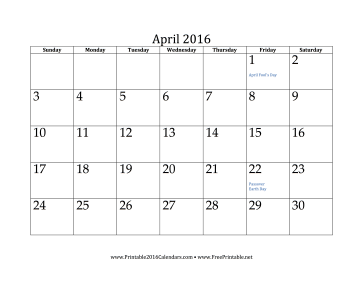 April 2016 Calendar Calendar