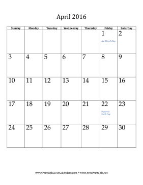April 2016 Calendar (vertical) Calendar