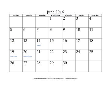 Printable June 2016 Calendar