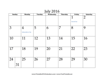 July 2016 Calendar Calendar