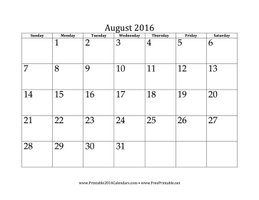 August Calendar Template 2016 from www.printable2016calendars.com