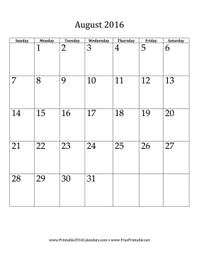 August 2016 Calendar (vertical) Calendar