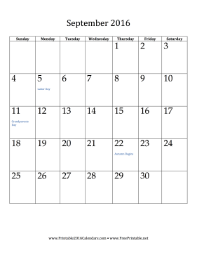 September 2016 Calendar (vertical) Calendar