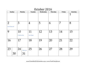 October 2016 Calendar Calendar