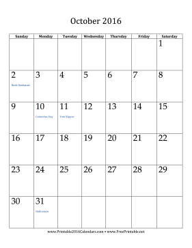 October 2016 Calendar (vertical) Calendar