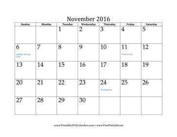 November Calendar Template 2016 from www.printable2016calendars.com