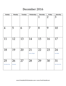 December 2016 Calendar (vertical) Calendar