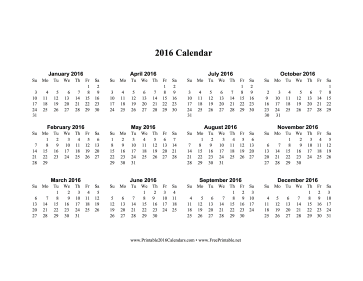 2016 Calendar (horizontal, descending) Calendar
