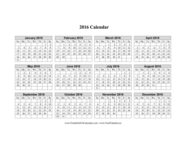 2016 Calendar on one page (horizontal grid) Calendar