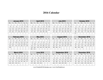 2016 Calendar on one page (horizontal, week starts on Monday) Calendar