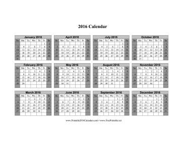 2016 Calendar on one page (horizontal, shaded weekends) Calendar