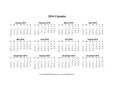 2016 Calendar on one page (horizontal, holidays in red) Calendar