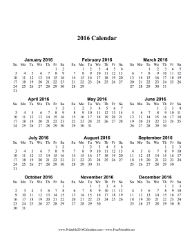 2016 Calendar one page with Large Print (vertical) Calendar