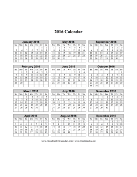 2016 Calendar (vertical grid) Calendar