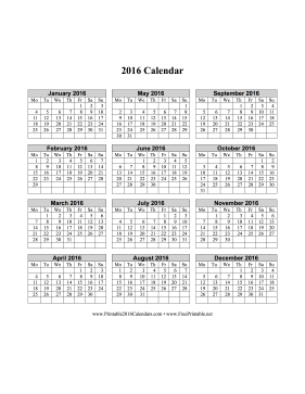 2016 Calendar on one page (vertical, week starts on Monday) Calendar