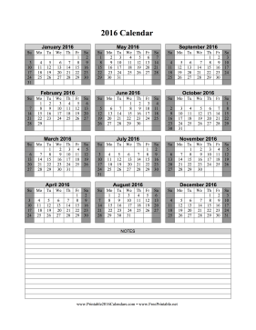 2016 Calendar on one page (vertical, shaded weekends, notes) Calendar