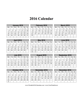 2016 Calendar on one page (vertical, months run across page, week starts on Monday) Calendar