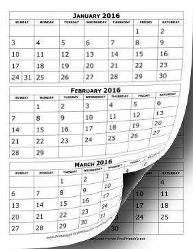 2016 Calendar Three Months Per Page Calendar