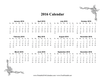 2016 One Page Calendar With Flowers Calendar