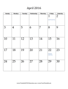 April 2016 Calendar (vertical) calendar