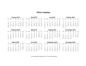 2016 Calendar (horizontal, descending, holidays in red) calendar