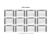 2016 Calendar on one page (horizontal, shaded weekends) calendar