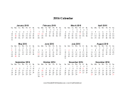 2016 Calendar on one page (horizontal, holidays in red) calendar