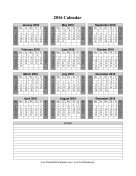 2016 Calendar on one page (vertical, shaded weekends, notes) calendar