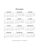2016 Calendar on one page (vertical, holidays in red) calendar